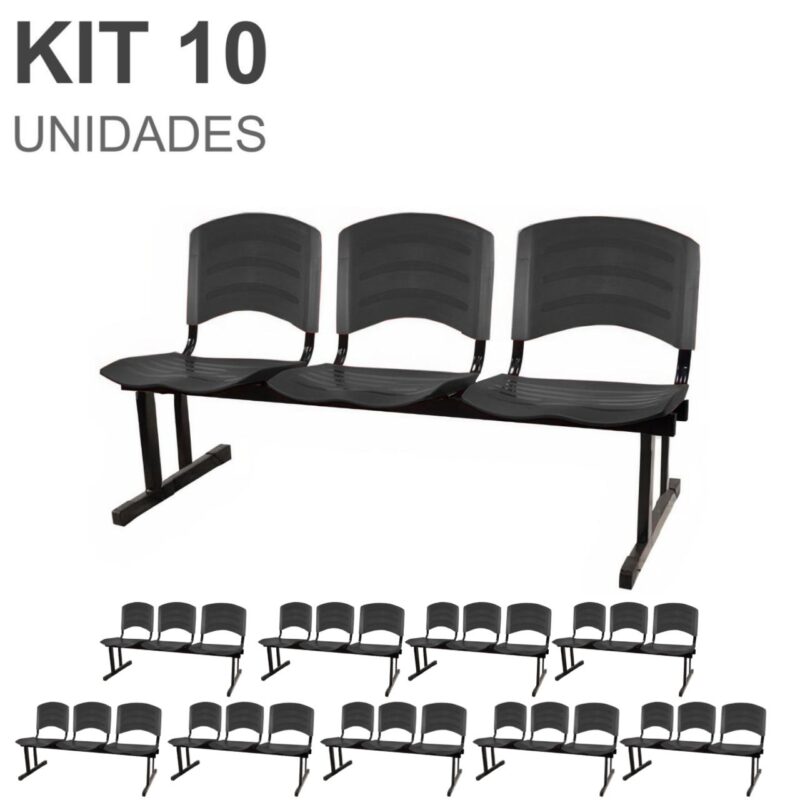 Kit 10 Cadeiras Longarinas PLÁSTICA 03 Lugares – Cor PRETO 33039 CONEXÃO MÓVEIS 2