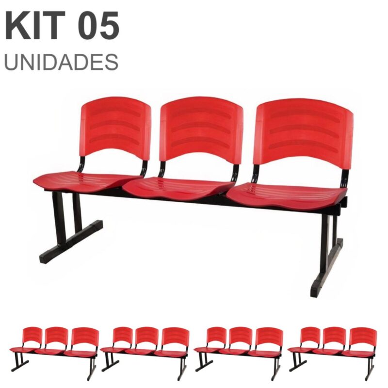 Kit 05 Cadeiras Longarinas PLÁSTICAS 03 Lugares – Cor Vermelho 33043 CONEXÃO MÓVEIS 2