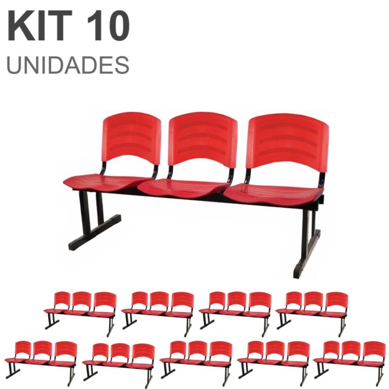 Kit 10 Cadeiras Longarinas PLÁSTICAS 03 Lugares – Cor Vermelho 33048 CONEXÃO MÓVEIS 2