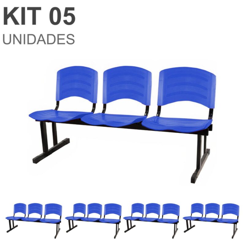 Kit 05 Cadeiras Longarinas PLÁSTICAS 03 Lugares – Cor Azul 33052 CONEXÃO MÓVEIS 2