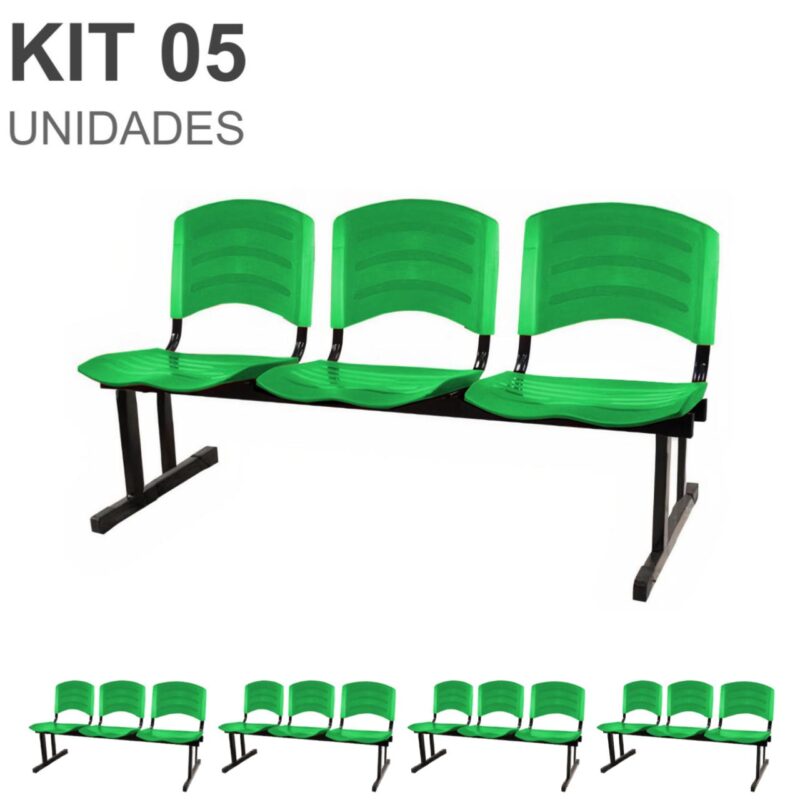 Kit 05 Cadeiras Longarinas PLÁSTICAS 03 Lugares – Cor Verde 33061 CONEXÃO MÓVEIS 2