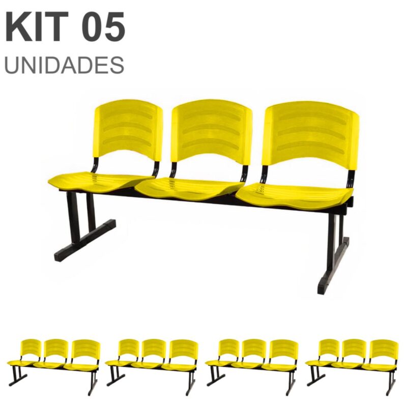 Kit 05 Cadeiras Longarinas PLÁSTICAS 03 Lugares – Cor Amarelo 33080 CONEXÃO MÓVEIS 2