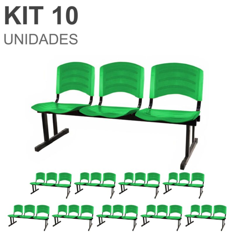 Kit 10 Cadeiras Longarinas PLÁSTICAS 03 Lugares – Cor Verde 33066 CONEXÃO MÓVEIS 2