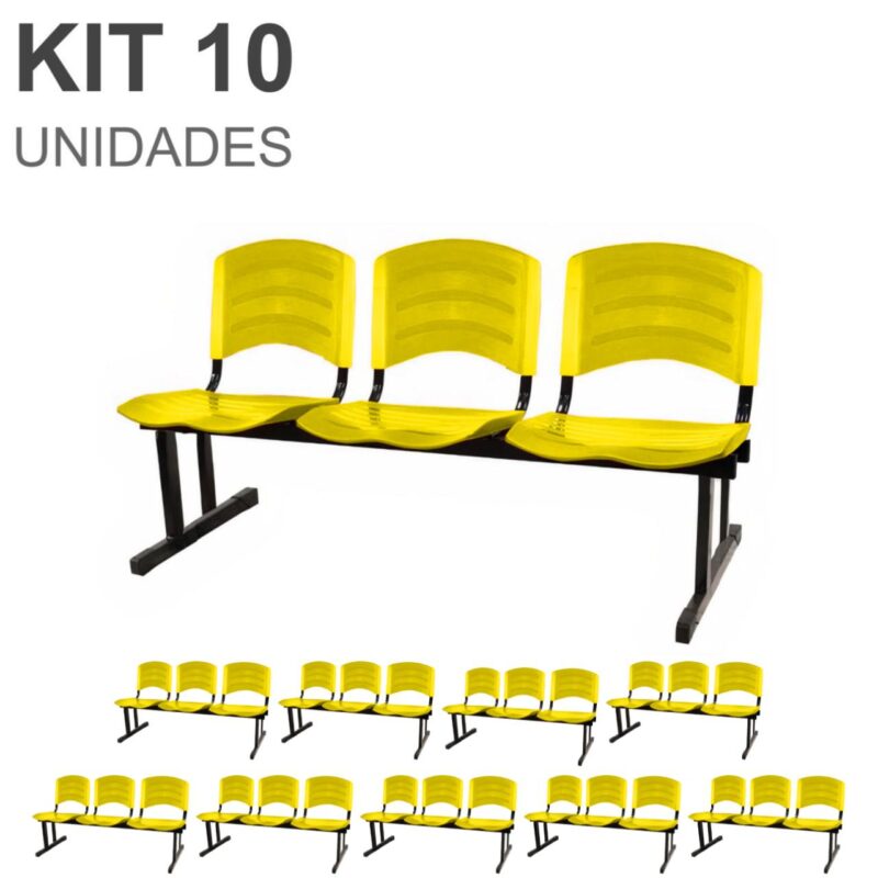 Kit 10 Cadeiras Longarinas PLÁSTICAS 03 Lugares – Cor Amarelo 33085 CONEXÃO MÓVEIS 2