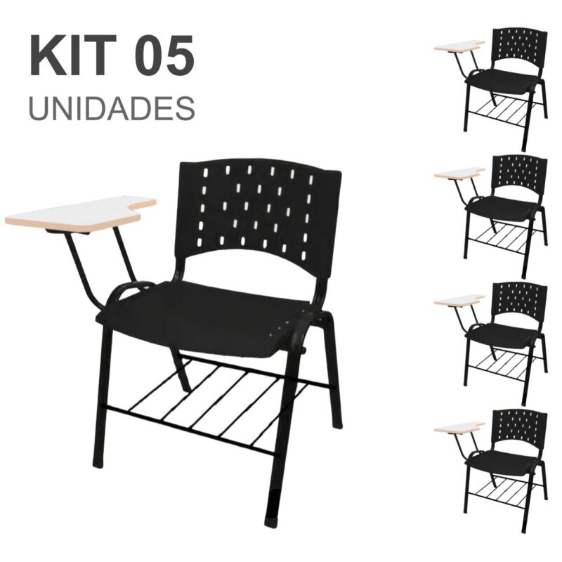 KIT 05 Cadeiras Universitárias com Prancheta MDF e Porta Livros – Cor Preto – REAPLAST – 33013 CONEXÃO MÓVEIS 2