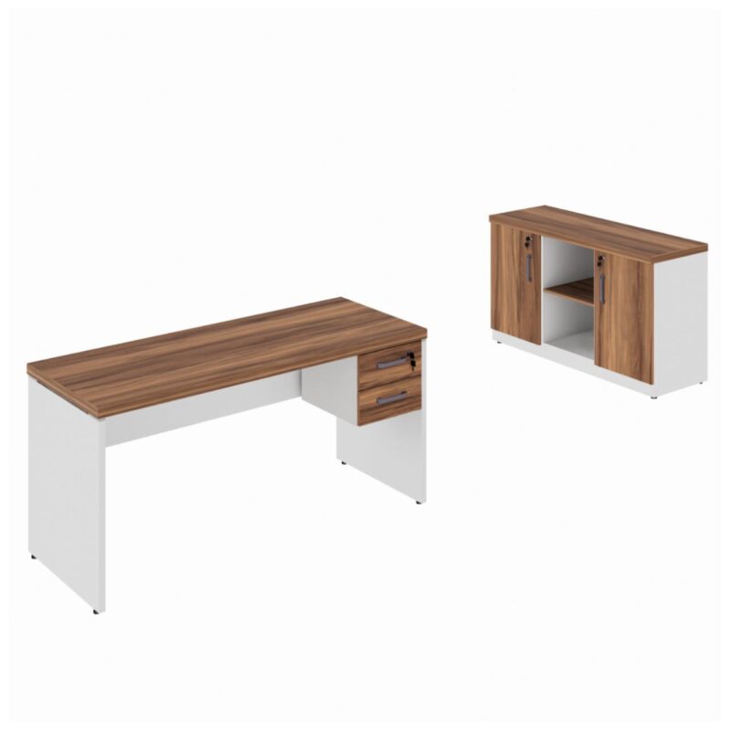 Kit Mesa Escritório 1,70×0,60m c/ Gavetas + Armário Baixo Credenza – WORKSTART – NOGAL SEVILHA/BRANCO – 34335 CONEXÃO MÓVEIS 2