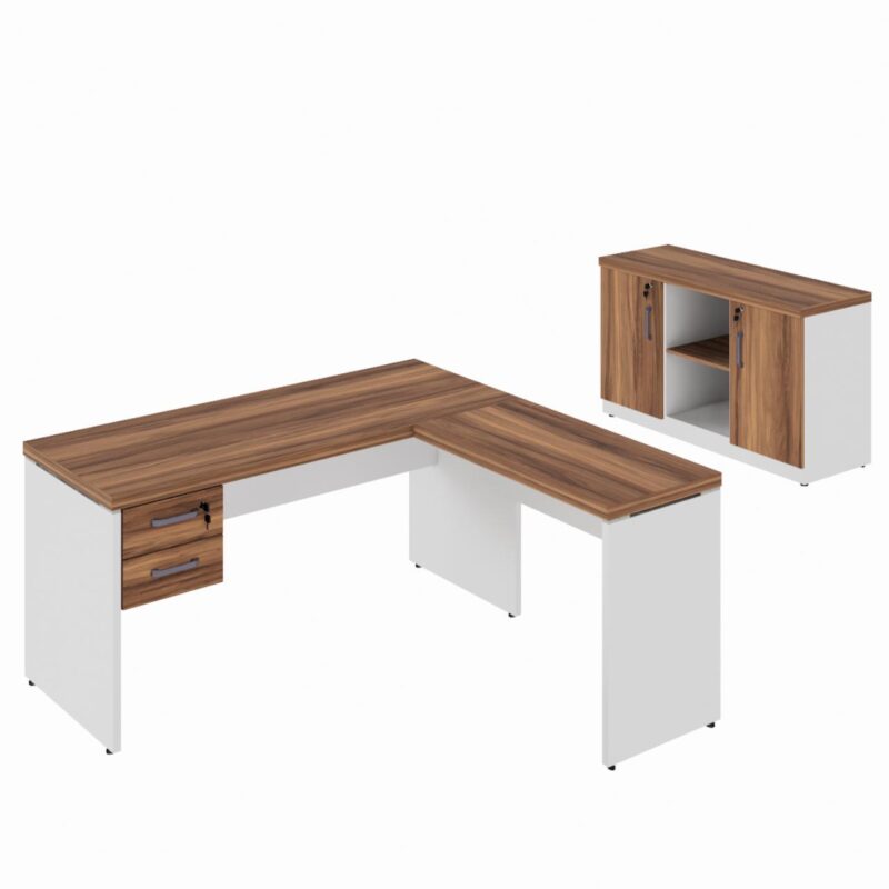 Kit Mesa Escritório em “L” 1,50×0,60m c/ Gavetas + Armário Baixo Credenza – WORKSTART – NOGAL SEVILHA/BRANCO – 34337 CONEXÃO MÓVEIS 2